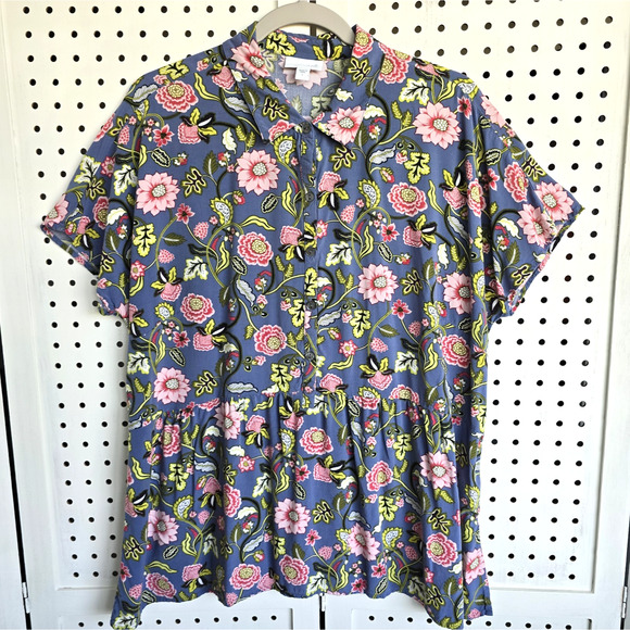 J Jill Floral Peplum Button Up Top Blouse Womens SIZE Large - Picture 1 of 8